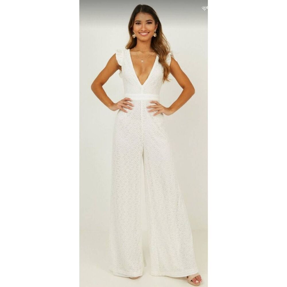 Showpo "If You Wanna Jumpsuit", White Lace, Deep V Front/Back, NWT, Sz. 8